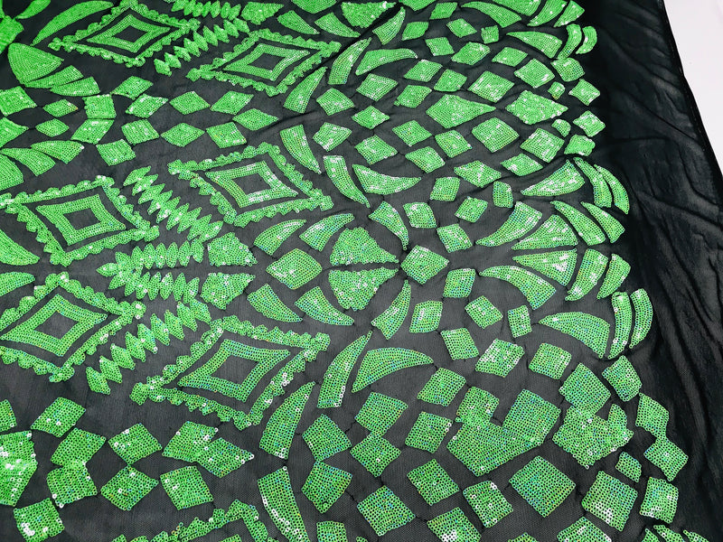 Geometric Pattern Sequins - Neon Green - 4 Way Stretch Colorful Shine Designer Sequins
