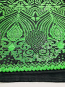Geometric Pattern Sequins - Neon Green - 4 Way Stretch Colorful Shine Designer Sequins