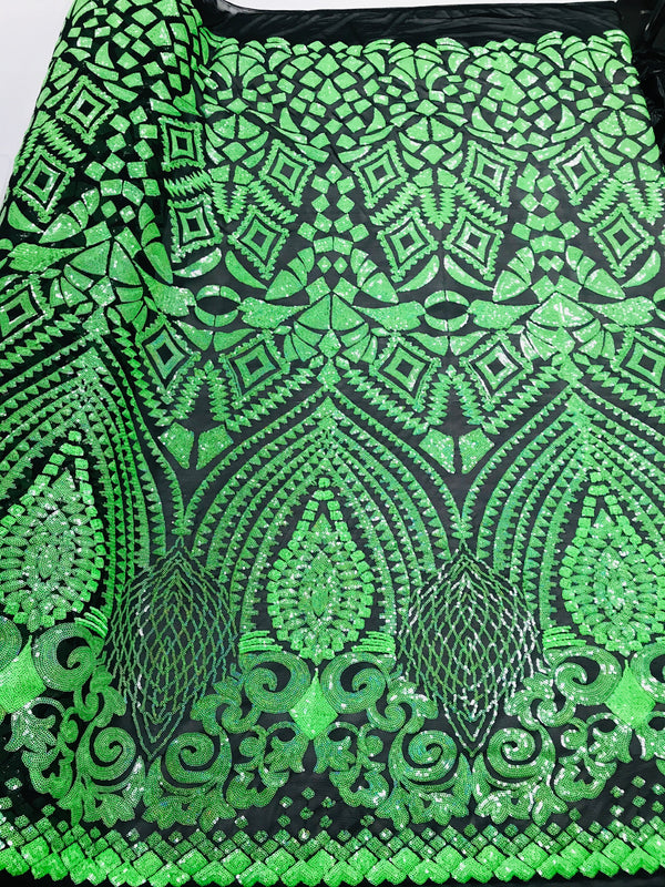 Geometric Pattern Sequins - Neon Green - 4 Way Stretch Colorful Shine Designer Sequins