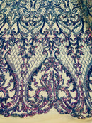 Heart Damask Sequins - Iridescent Lavender - 4 Way Stretch Bright Elegant Shiny Net Sequins Fabric