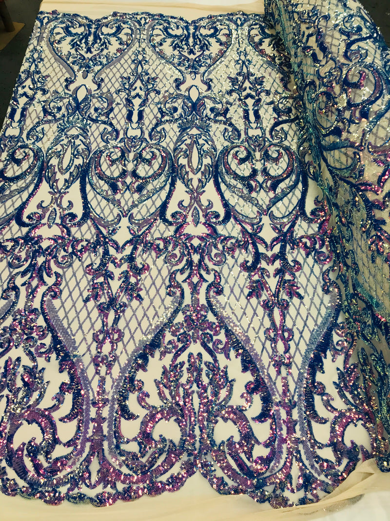 Heart Damask Sequins - Iridescent Lavender - 4 Way Stretch Bright Elegant Shiny Net Sequins Fabric