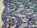 Heart Damask Sequins - Iridescent Lavender - 4 Way Stretch Bright Elegant Shiny Net Sequins Fabric