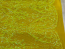 Heart Damask Sequins - Iridescent Yellow - 4 Way Stretch Bright Elegant Shiny Net Sequins Fabric