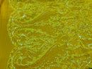 Heart Damask Sequins - Iridescent Yellow - 4 Way Stretch Bright Elegant Shiny Net Sequins Fabric