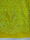 Heart Damask Sequins - Iridescent Yellow - 4 Way Stretch Bright Elegant Shiny Net Sequins Fabric