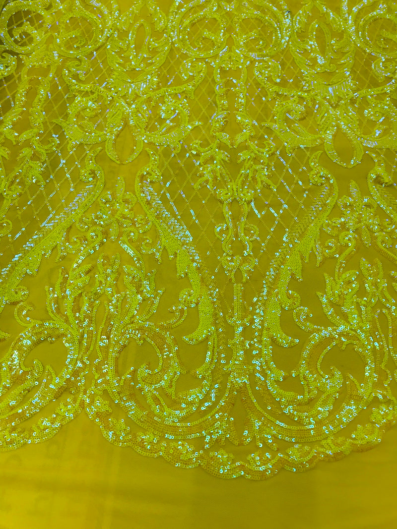 Heart Damask Sequins - Iridescent Yellow - 4 Way Stretch Bright Elegant Shiny Net Sequins Fabric