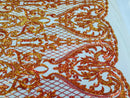 Heart Damask Sequins - Iridescent Orange - 4 Way Stretch Bright Elegant Shiny Net Sequins Fabric