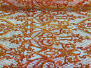Heart Damask Sequins - Iridescent Orange - 4 Way Stretch Bright Elegant Shiny Net Sequins Fabric
