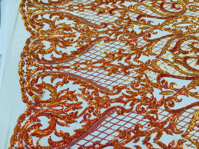 Heart Damask Sequins - Iridescent Orange - 4 Way Stretch Bright Elegant Shiny Net Sequins Fabric