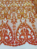 Heart Damask Sequins - Iridescent Orange - 4 Way Stretch Bright Elegant Shiny Net Sequins Fabric