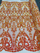 Heart Damask Sequins - Iridescent Orange - 4 Way Stretch Bright Elegant Shiny Net Sequins Fabric