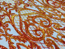 Heart Damask Sequins - Iridescent Orange - 4 Way Stretch Bright Elegant Shiny Net Sequins Fabric