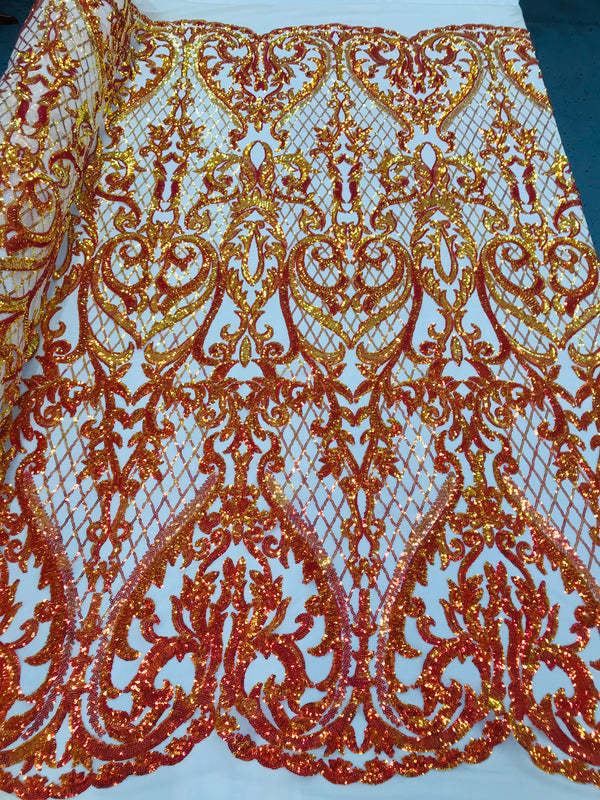 Heart Damask Sequins - Iridescent Orange - 4 Way Stretch Bright Elegant Shiny Net Sequins Fabric