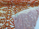 Heart Damask Sequins - Iridescent Orange - 4 Way Stretch Bright Elegant Shiny Net Sequins Fabric