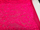 Heart Damask Sequins - Neon Pink - 4 Way Stretch Bright Elegant Shiny Net Sequins Fabric