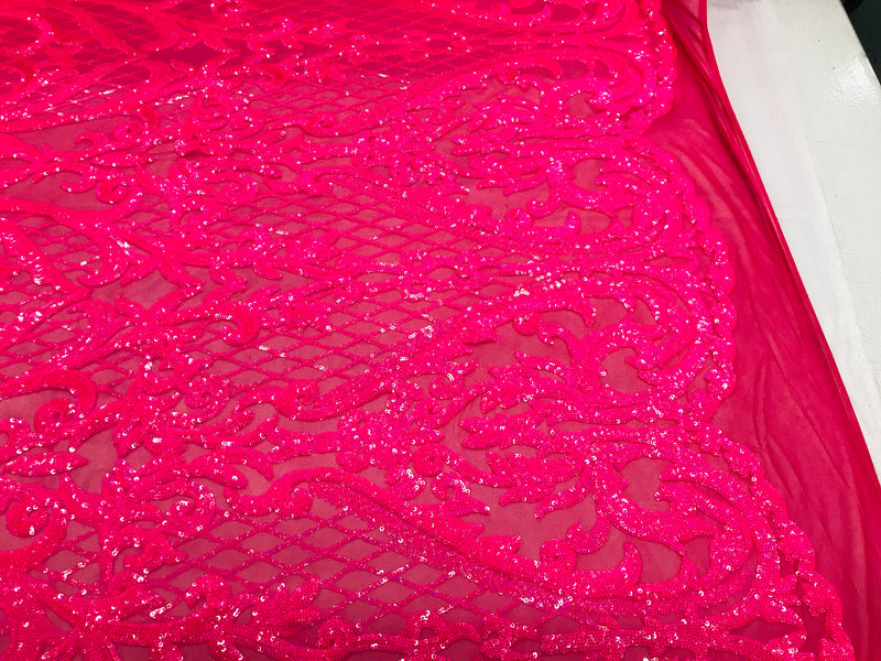 Heart Damask Sequins - Neon Pink - 4 Way Stretch Bright Elegant Shiny Net Sequins Fabric