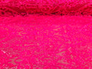 Heart Damask Sequins - Neon Pink - 4 Way Stretch Bright Elegant Shiny Net Sequins Fabric