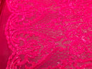 Heart Damask Sequins - Neon Pink - 4 Way Stretch Bright Elegant Shiny Net Sequins Fabric