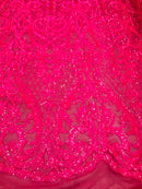 Heart Damask Sequins - Neon Pink - 4 Way Stretch Bright Elegant Shiny Net Sequins Fabric