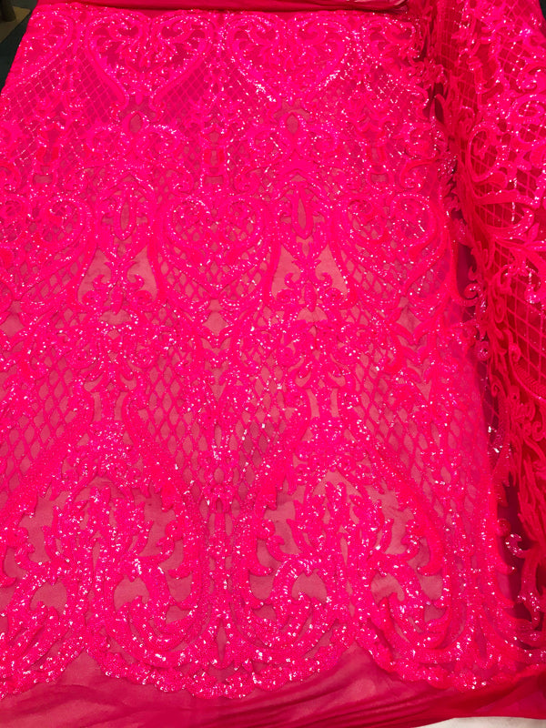 Heart Damask Sequins - Neon Pink - 4 Way Stretch Bright Elegant Shiny Net Sequins Fabric