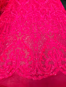Heart Damask Sequins - Neon Pink - 4 Way Stretch Bright Elegant Shiny Net Sequins Fabric
