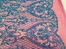 Heart Damask Sequins - Turquoise Magenta Mesh 4 Way Stretch Bright Elegant Shiny Net Sequins Fabric