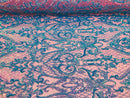 Heart Damask Sequins - Turquoise Magenta Mesh 4 Way Stretch Bright Elegant Shiny Net Sequins Fabric