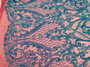 Heart Damask Sequins - Turquoise Magenta Mesh 4 Way Stretch Bright Elegant Shiny Net Sequins Fabric