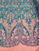Heart Damask Sequins - Turquoise Magenta Mesh 4 Way Stretch Bright Elegant Shiny Net Sequins Fabric