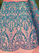 Heart Damask Sequins - Turquoise Magenta Mesh 4 Way Stretch Bright Elegant Shiny Net Sequins Fabric