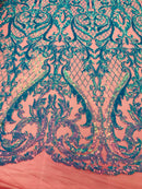 Heart Damask Sequins - Turquoise Magenta Mesh 4 Way Stretch Bright Elegant Shiny Net Sequins Fabric