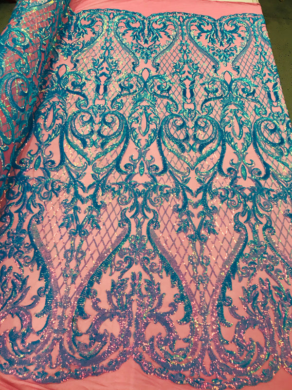 Heart Damask Sequins - Turquoise Magenta Mesh 4 Way Stretch Bright Elegant Shiny Net Sequins Fabric