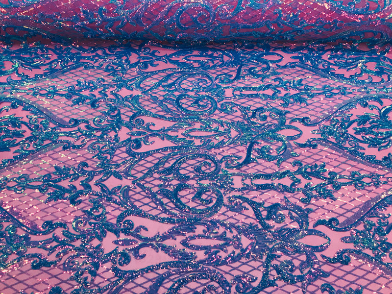 Heart Damask Sequins - Turquoise Magenta Mesh 4 Way Stretch Bright Elegant Shiny Net Sequins Fabric