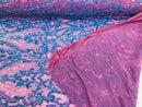 Heart Damask Sequins - Turquoise Magenta Mesh 4 Way Stretch Bright Elegant Shiny Net Sequins Fabric