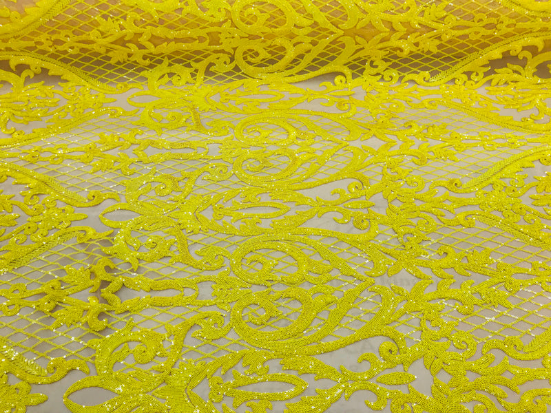 Heart Damask Sequins - Yellow Nude Mesh 4 Way Stretch Bright Elegant Shiny Net Sequins Fabric