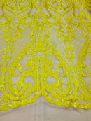 Heart Damask Sequins - Yellow Nude Mesh 4 Way Stretch Bright Elegant Shiny Net Sequins Fabric