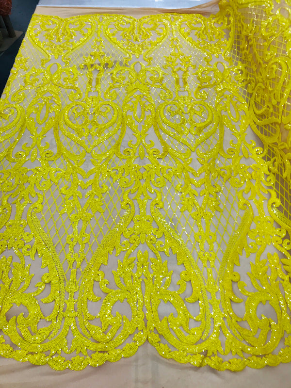 Heart Damask Sequins - Yellow Nude Mesh 4 Way Stretch Bright Elegant Shiny Net Sequins Fabric