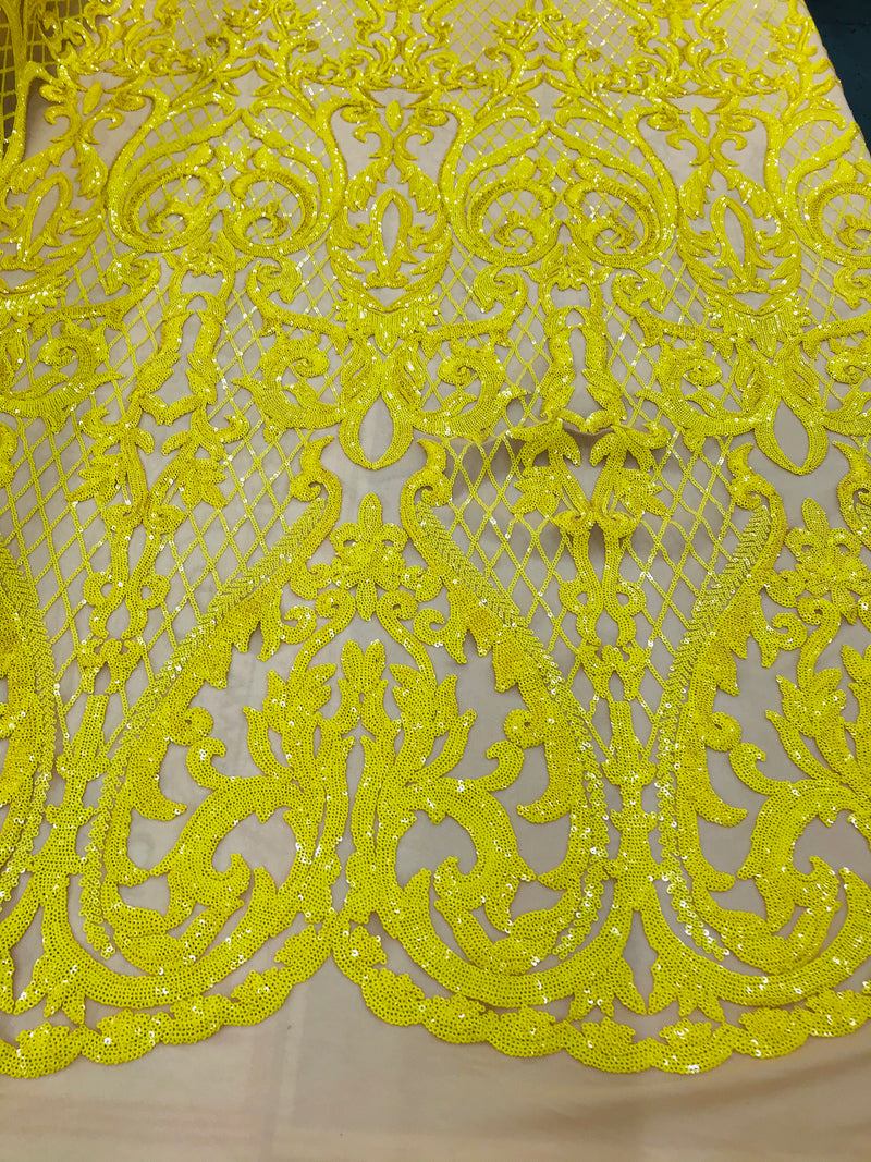 Heart Damask Sequins - Yellow Nude Mesh 4 Way Stretch Bright Elegant Shiny Net Sequins Fabric