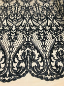 Heart Damask Sequins - Black Nude Mesh - 4 Way Stretch Bright Elegant Shiny Net Sequins Fabric