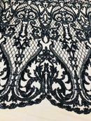 Heart Damask Sequins - Black Nude Mesh - 4 Way Stretch Bright Elegant Shiny Net Sequins Fabric