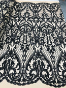 Heart Damask Sequins - Black Nude Mesh - 4 Way Stretch Bright Elegant Shiny Net Sequins Fabric