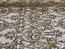 Heart Damask Sequins - Gold - 4 Way Stretch Bright Elegant Shiny Net Sequins Fabric