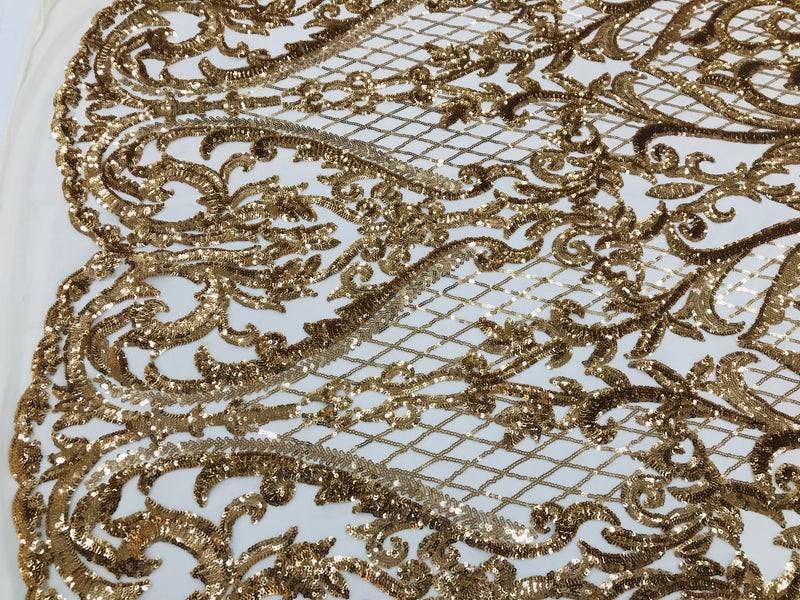 Heart Damask Sequins - Gold - 4 Way Stretch Bright Elegant Shiny Net Sequins Fabric