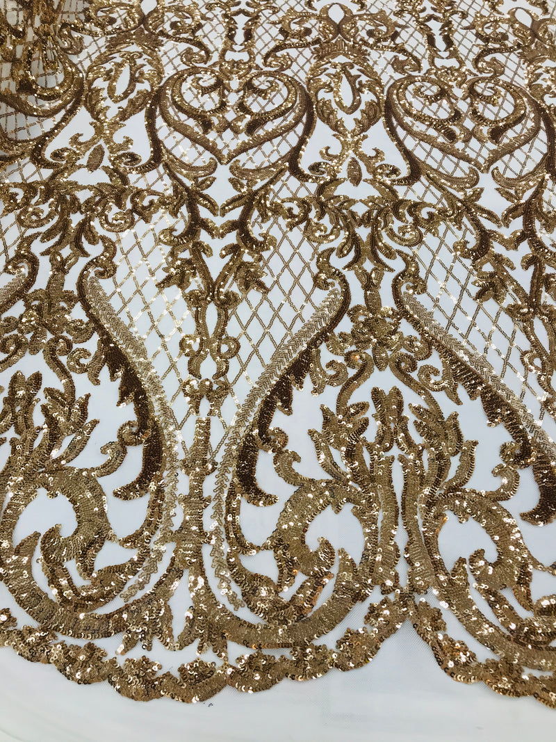 Heart Damask Sequins - Gold - 4 Way Stretch Bright Elegant Shiny Net Sequins Fabric