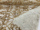 Heart Damask Sequins - Gold - 4 Way Stretch Bright Elegant Shiny Net Sequins Fabric