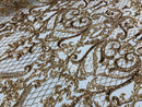 Heart Damask Sequins - Gold - 4 Way Stretch Bright Elegant Shiny Net Sequins Fabric