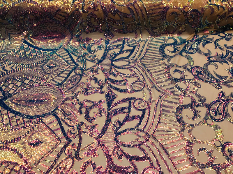 Iridescent Lavender Sequin - 4 Way Stretch Embroidered Royalty Sequins Fancy Design Fabric By Yard