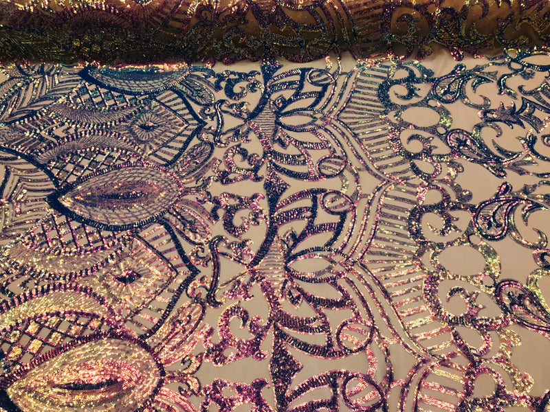 Iridescent Lavender Sequin - 4 Way Stretch Embroidered Royalty Sequins Fancy Design Fabric By Yard