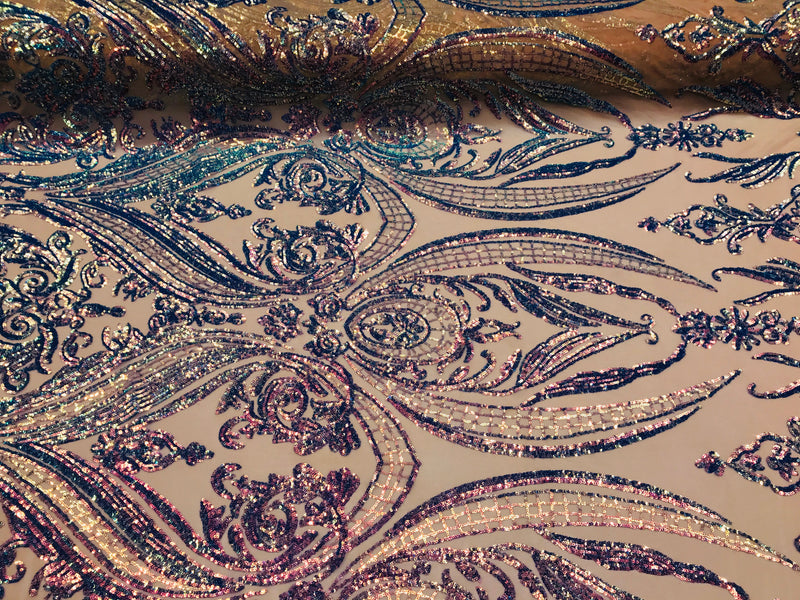 Big Damask Sequins Fabric - Iridescent Lavender - 4 Way Stretch Damask Sequins Design Fabric By Yard