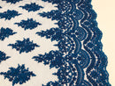 Royal Blue - Hand Beaded Embroidered Flower Pattern Bridal Wedding Lace Fabric Sold by The Yard